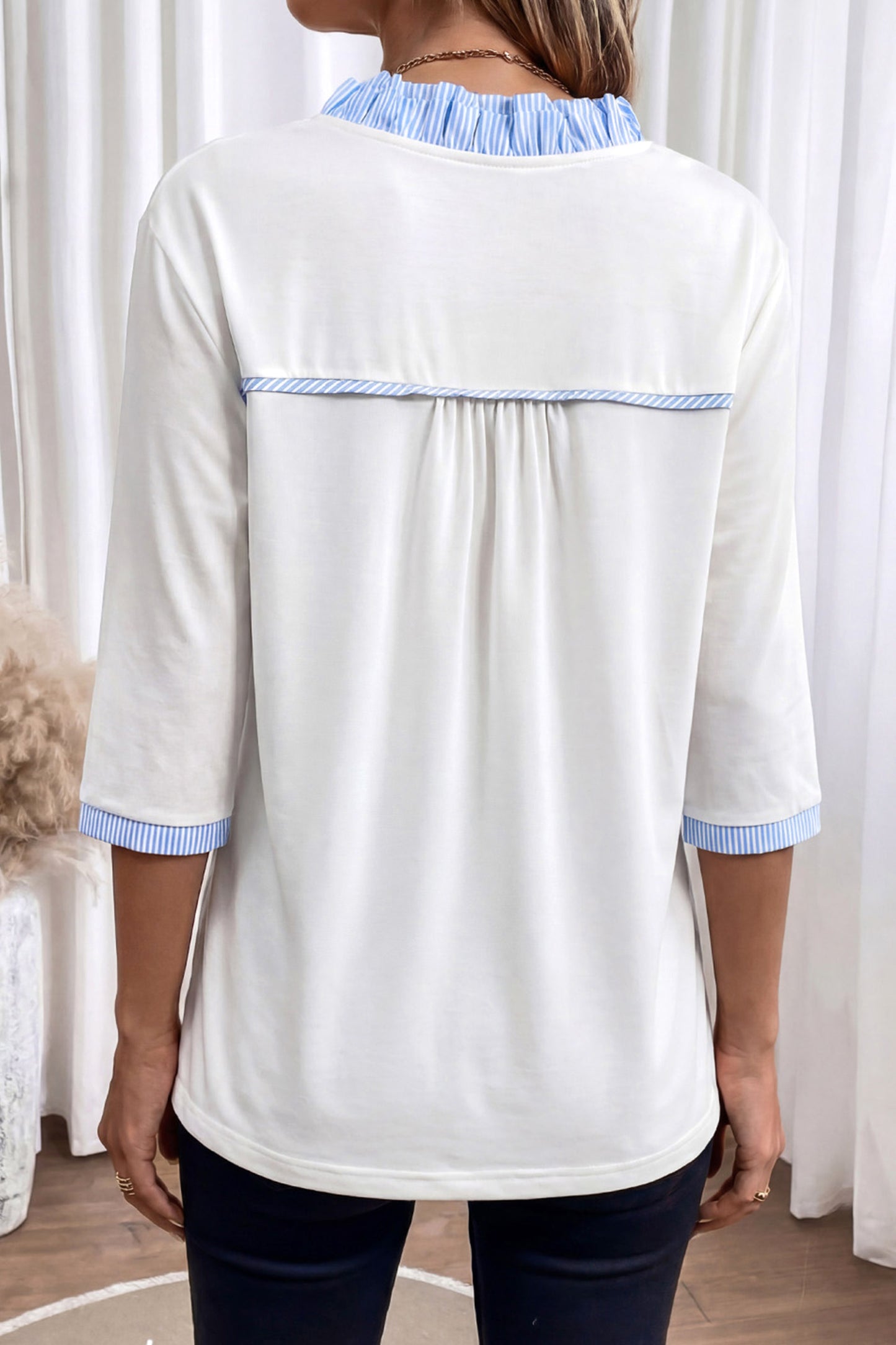 White Striped Patchwork V Neck 3/4 Sleeve Blouse