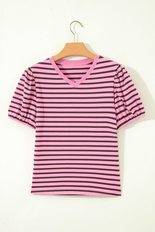 Rose Stripe Striped V-Neck Ribbed Collar Cuff Gathering Puff Sleeve Top